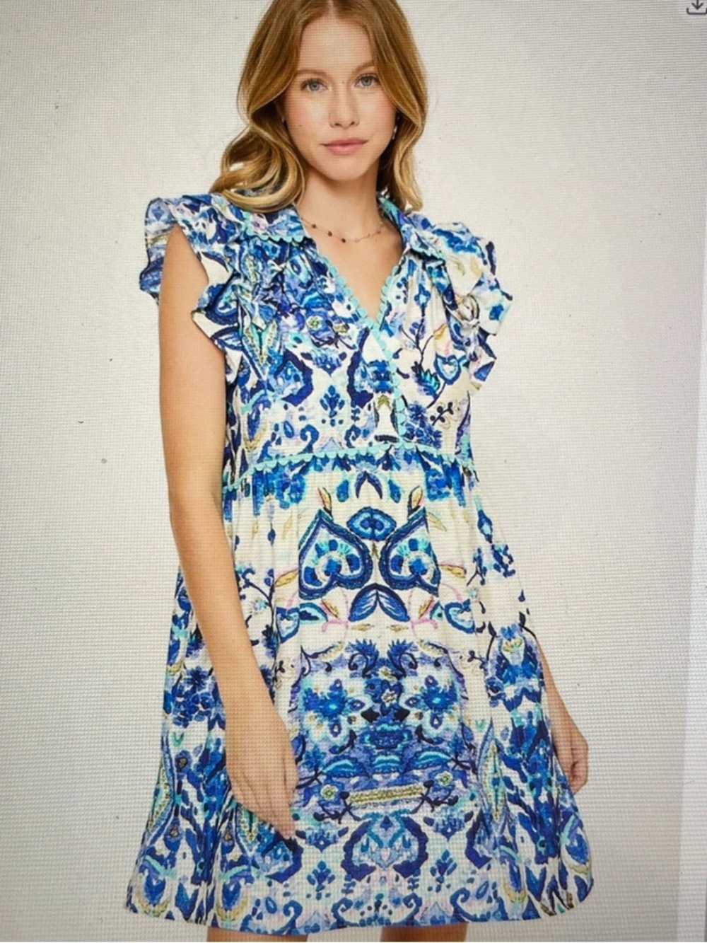 Umgee Blue & White Ruffle Sleeve Boho Babydoll Dress with Floral Tile Print
